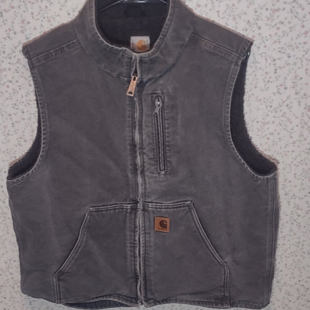 Carhartt Vest Mens LARGE Sherpa Lined Duck Canvas Gray Mock Neck